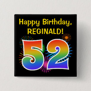 Roligt Fireworks + Rainbow Mönster ’52’ Birthday # Knapp