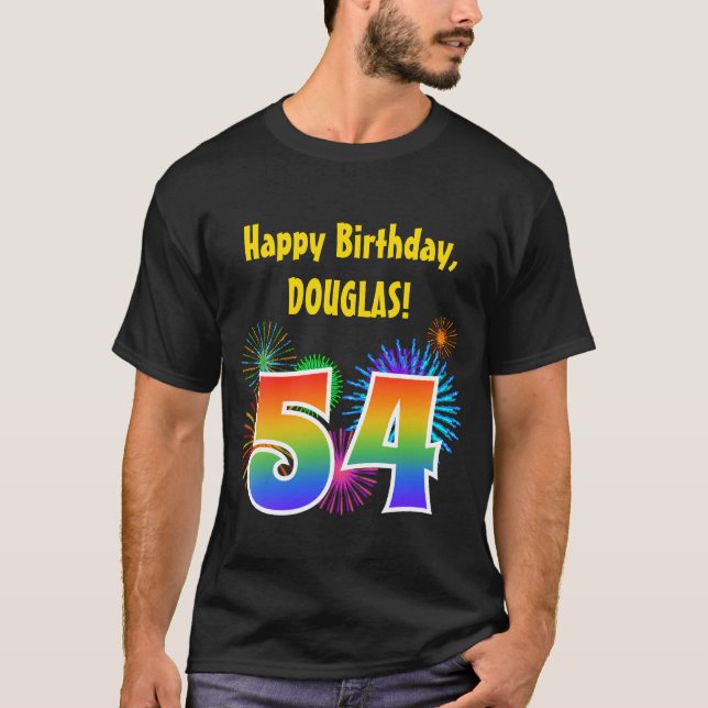 Roligt Fireworks + Rainbow Mönster ’54’ Birthday # T Shirt (Framsida)