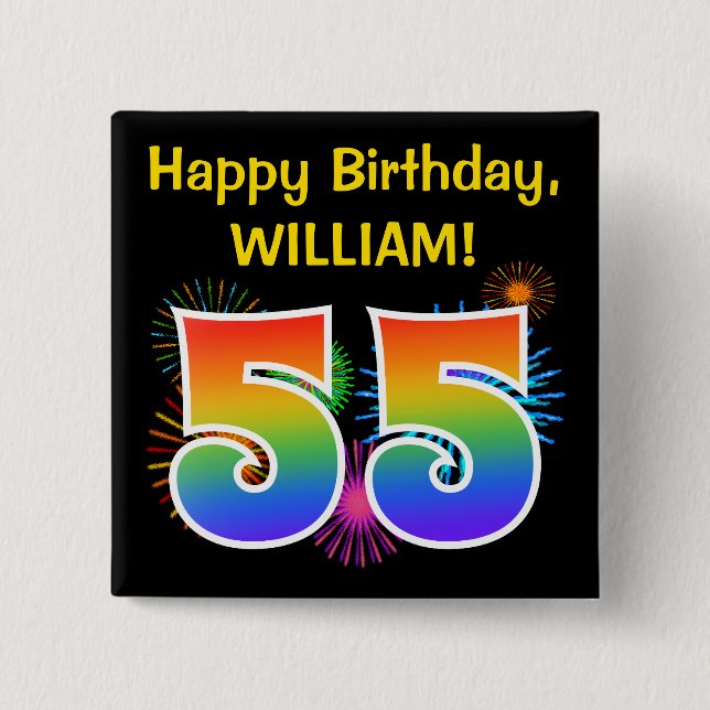 Roligt Fireworks + Rainbow Mönster "55" Birthday # Knapp (Framsida)