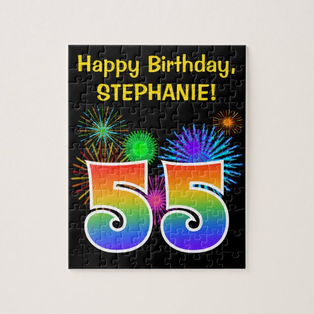 Roligt Fireworks + Rainbow Mönster "55" Birthday # Pussel (Vertikal)
