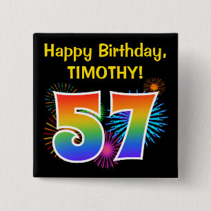 Roligt Fireworks + Rainbow Mönster "57" Birthday # Knapp