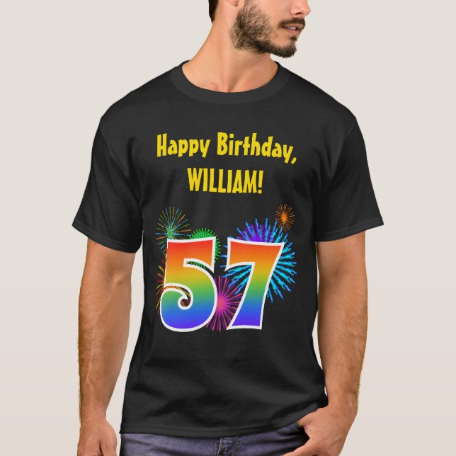 Roligt Fireworks + Rainbow Mönster "57" Birthday # T Shirt (Framsida)