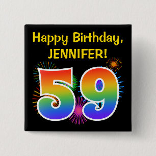 Roligt Fireworks + Rainbow Mönster "59" Birthday # Knapp