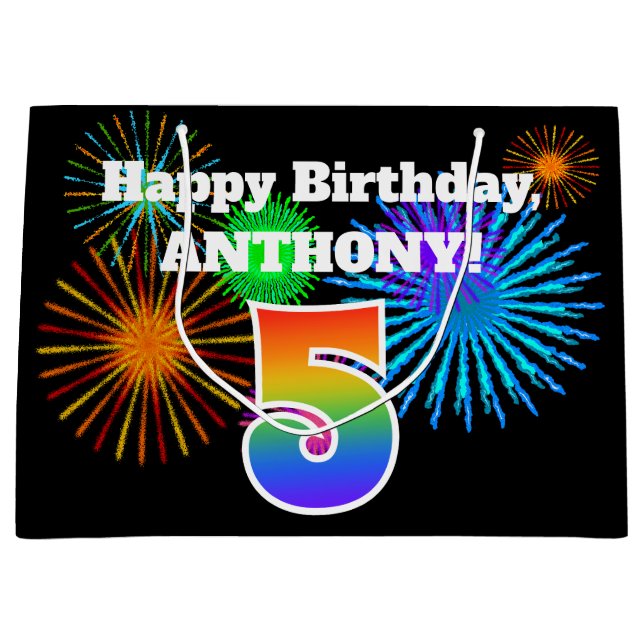 Roligt Fireworks + Rainbow Mönster ’5’ Birthday # (Framsidan)