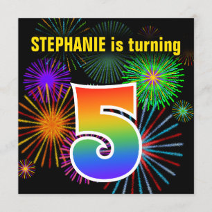 Roligt Fireworks + Rainbow Mönster ’5’ Birthday # Inbjudningar