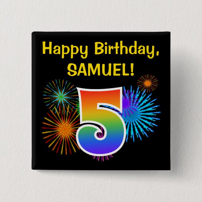 Roligt Fireworks + Rainbow Mönster ’5’ Birthday # Knapp (Framsida)