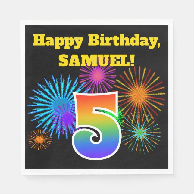 Roligt Fireworks + Rainbow Mönster ’5’ Birthday # Pappersservett (Framsidan)