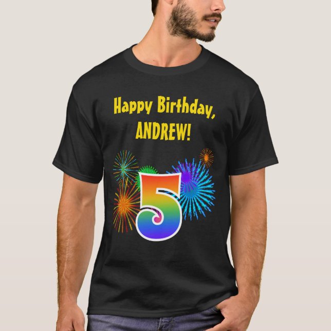 Roligt Fireworks + Rainbow Mönster ’5’ Birthday # T Shirt (Framsida)