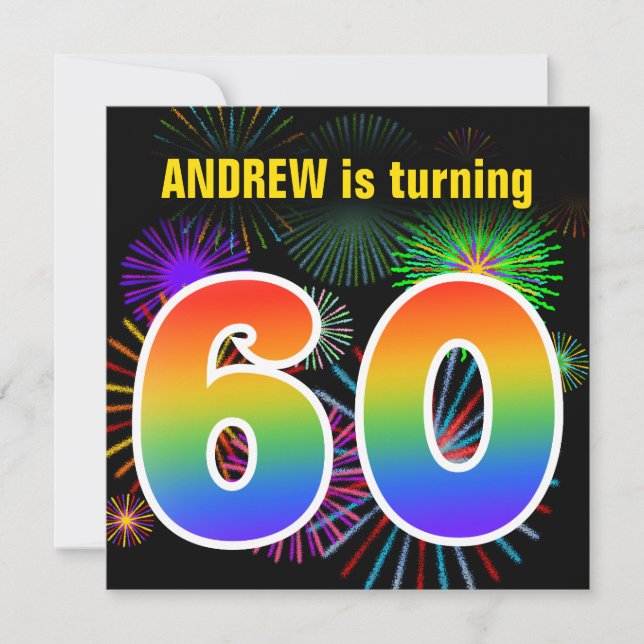 Roligt Fireworks + Rainbow Mönster ’60’ Birthday # Inbjudningar (Framsida)
