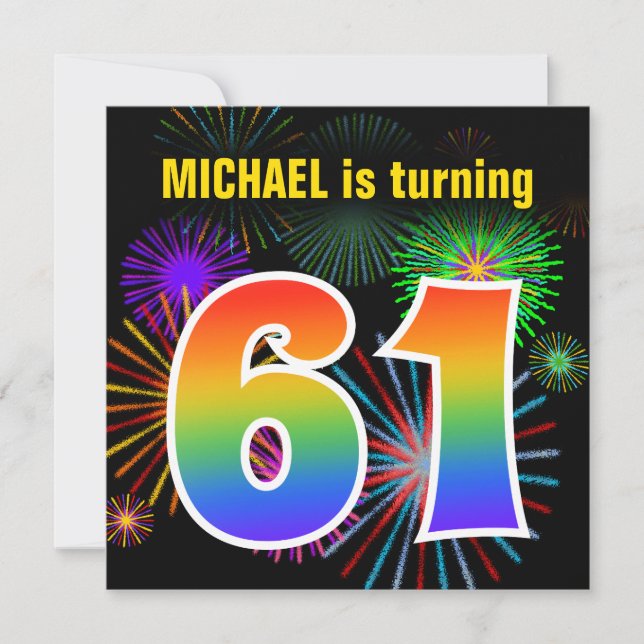 Roligt Fireworks + Rainbow Mönster "61" Birthday # Inbjudningar (Framsida)
