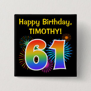 Roligt Fireworks + Rainbow Mönster "61" Birthday # Knapp