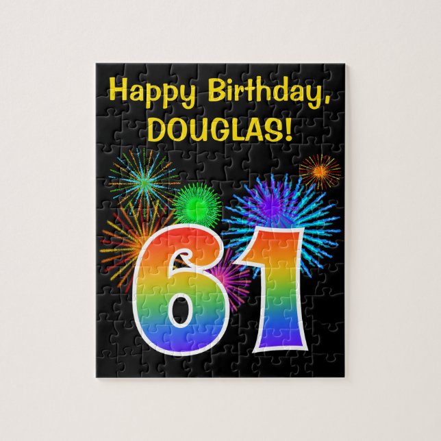 Roligt Fireworks + Rainbow Mönster "61" Birthday # Pussel (Vertikal)