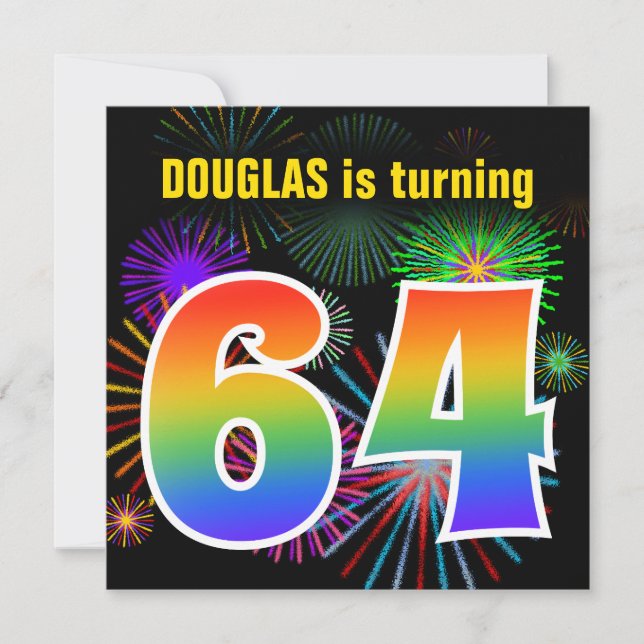Roligt Fireworks + Rainbow Mönster ’64’ Birthday # Inbjudningar (Framsida)