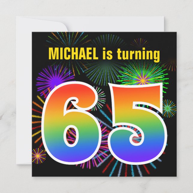 Roligt Fireworks + Rainbow Mönster ’65’ Birthday # Inbjudningar (Framsida)