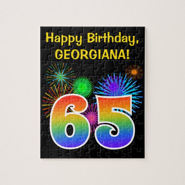 Roligt Fireworks + Rainbow Mönster "65" Birthday # Pussel (Vertikal)