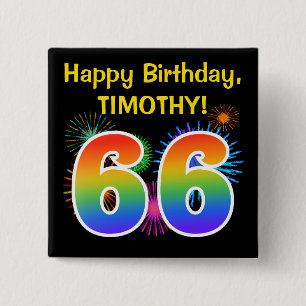 Roligt Fireworks + Rainbow Mönster "66" Birthday # Knapp
