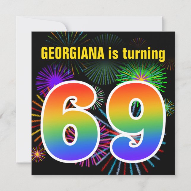 Roligt Fireworks + Rainbow Mönster "69" Birthday # Inbjudningar (Framsida)