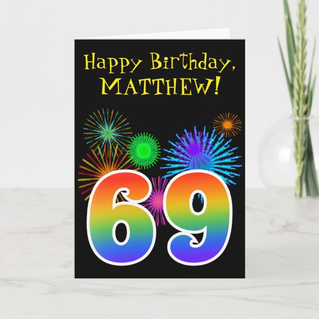 Roligt Fireworks + Rainbow Mönster "69" Birthday # Kort (Framsida)