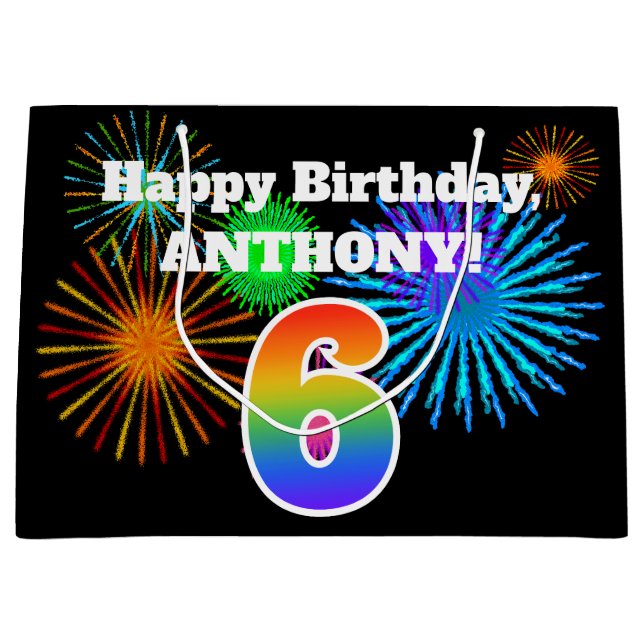 Roligt Fireworks + Rainbow Mönster ’6’ Birthday # (Framsidan)