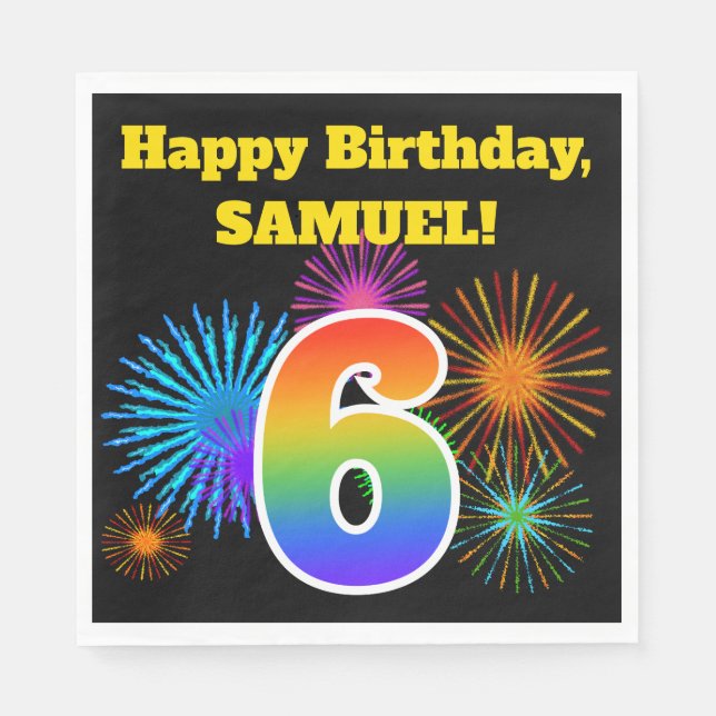 Roligt Fireworks + Rainbow Mönster ’6’ Birthday # Pappersservett (Framsidan)