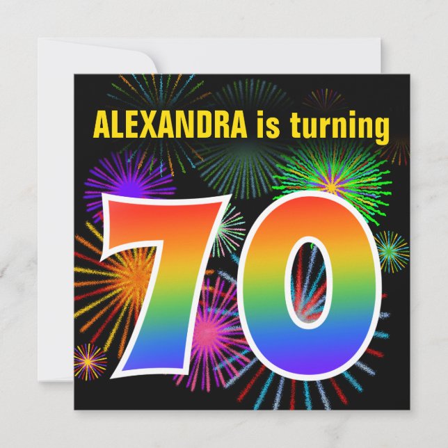 Roligt Fireworks + Rainbow Mönster ’70’ Birthday # Inbjudningar (Framsida)