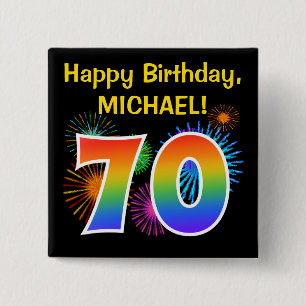 Roligt Fireworks + Rainbow Mönster ’70’ Birthday # Knapp