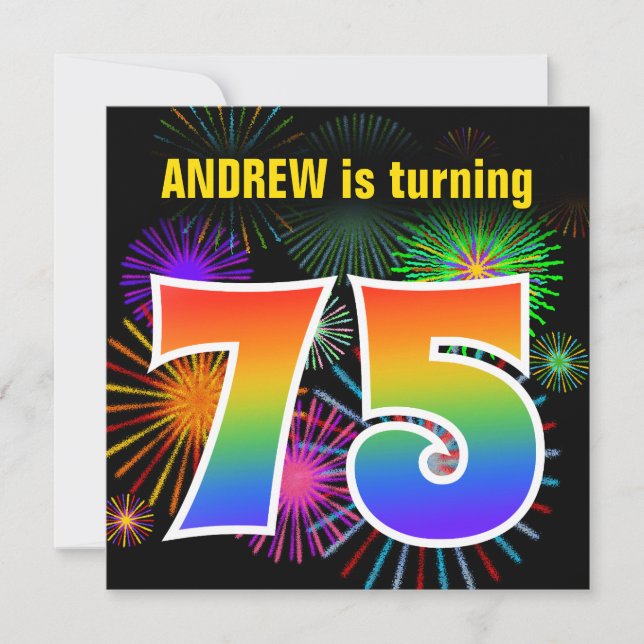 Roligt Fireworks + Rainbow Mönster ’75’ Birthday # Inbjudningar (Framsida)