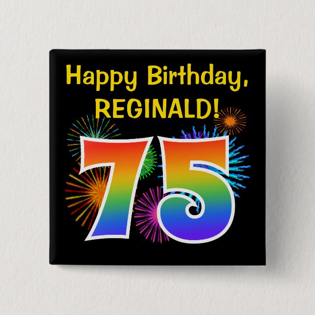 Roligt Fireworks + Rainbow Mönster ’75’ Birthday # Knapp (Framsida)
