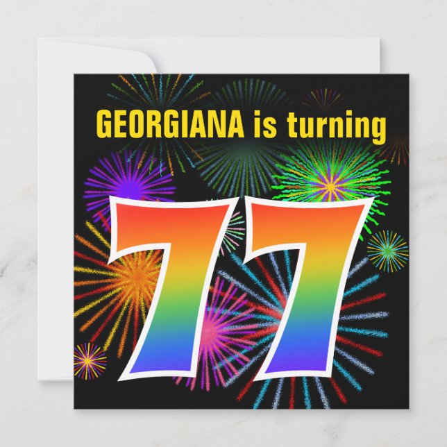 Roligt Fireworks + Rainbow Mönster ’77’ Birthday # Inbjudningar (Framsida)