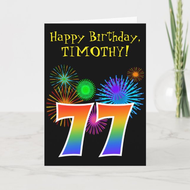 Roligt Fireworks + Rainbow Mönster ’77’ Birthday # Kort (Framsida)