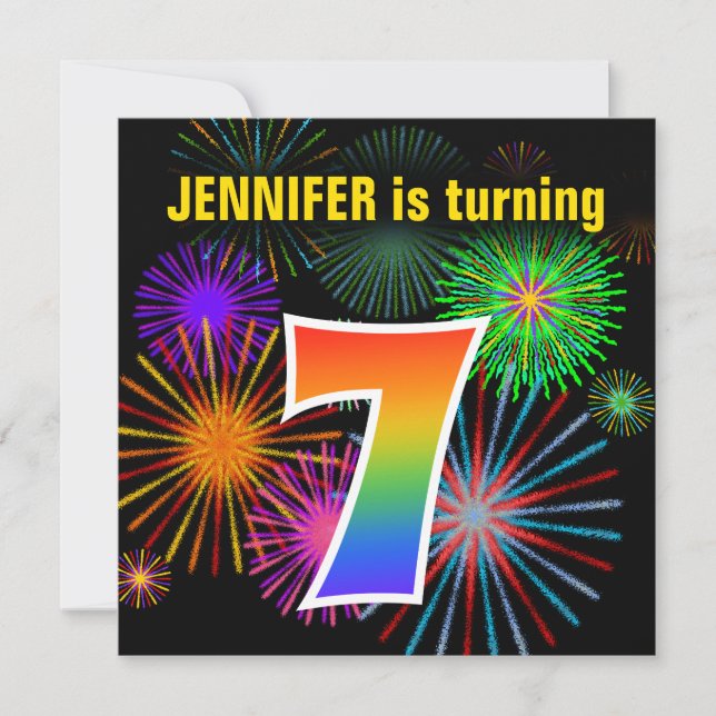 Roligt Fireworks + Rainbow Mönster ’7’ Birthday # Inbjudningar (Framsida)