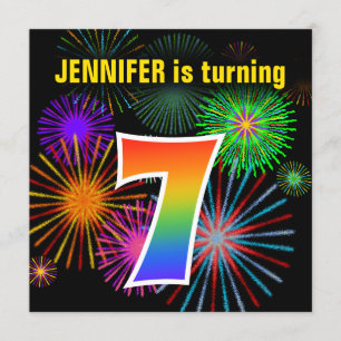Roligt Fireworks + Rainbow Mönster ’7’ Birthday # Inbjudningar