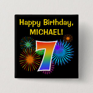 Roligt Fireworks + Rainbow Mönster ’7’ Birthday # Knapp