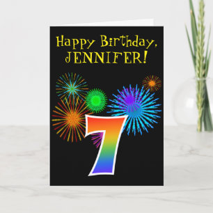Roligt Fireworks + Rainbow Mönster ’7’ Birthday # Kort