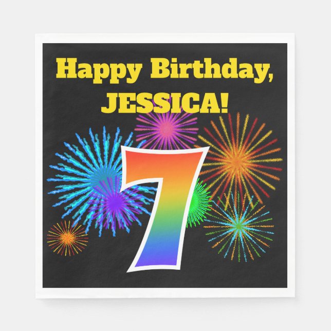 Roligt Fireworks + Rainbow Mönster ’7’ Birthday # Pappersservett (Framsidan)