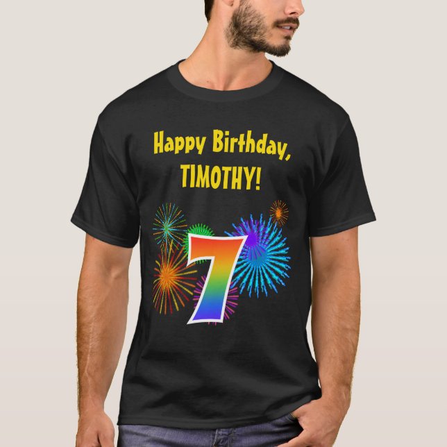 Roligt Fireworks + Rainbow Mönster ’7’ Birthday # T Shirt (Framsida)