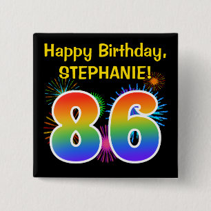 Roligt Fireworks + Rainbow Mönster "86" Birthday # Knapp