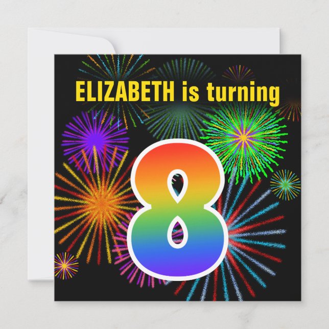 Roligt Fireworks + Rainbow Mönster ’8’ Birthday # Inbjudningar (Framsida)
