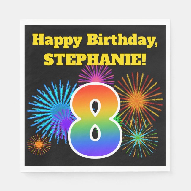 Roligt Fireworks + Rainbow Mönster ’8’ Birthday # Pappersservett (Framsidan)