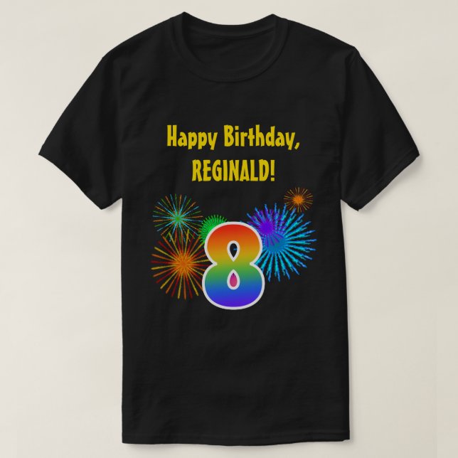Roligt Fireworks + Rainbow Mönster ’8’ Birthday # T Shirt (Design framsida)