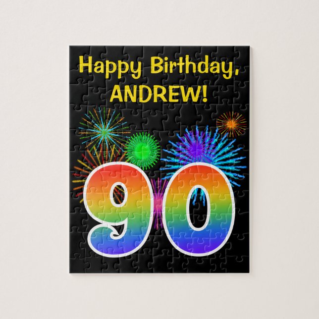 Roligt Fireworks + Rainbow Mönster ’90’ Birthday # Pussel (Vertikal)