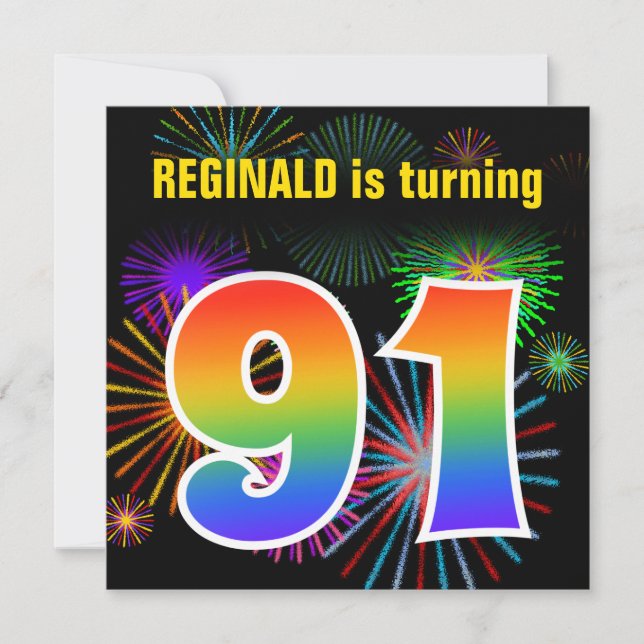 Roligt Fireworks + Rainbow Mönster ’91’ Birthday # Inbjudningar (Framsida)