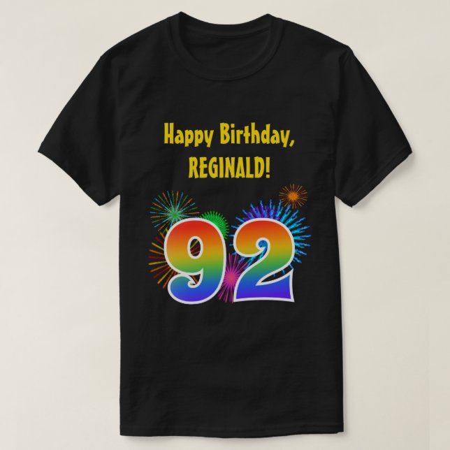 Roligt Fireworks + Rainbow Mönster ’92’ Birthday # T Shirt (Design framsida)