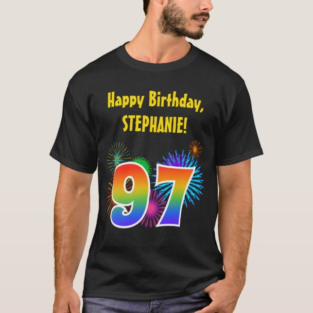 Roligt Fireworks + Rainbow Mönster ’97’ Birthday # T Shirt (Framsida)