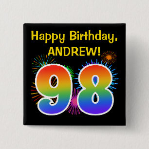 Roligt Fireworks + Rainbow Mönster ’98’ Birthday # Knapp