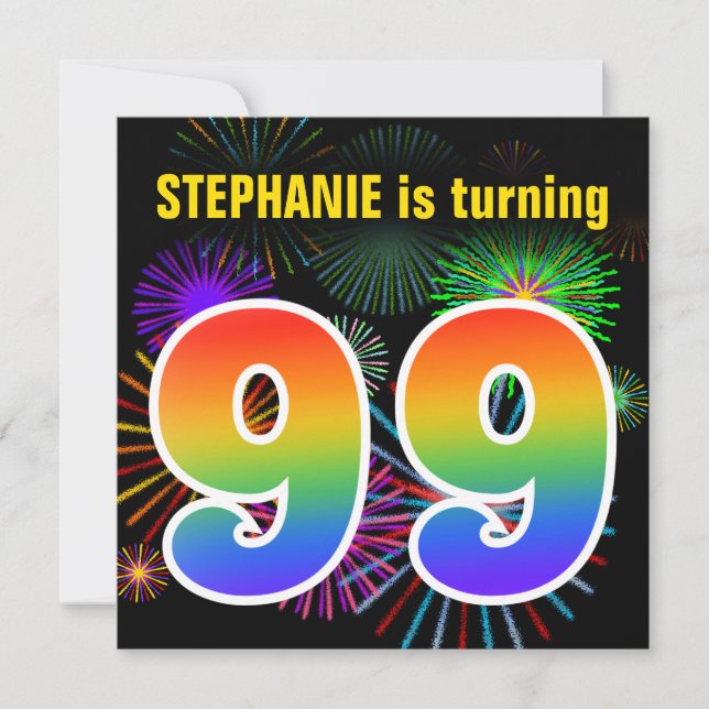 Roligt Fireworks + Rainbow Mönster ’99’ Birthday # Inbjudningar (Framsida)