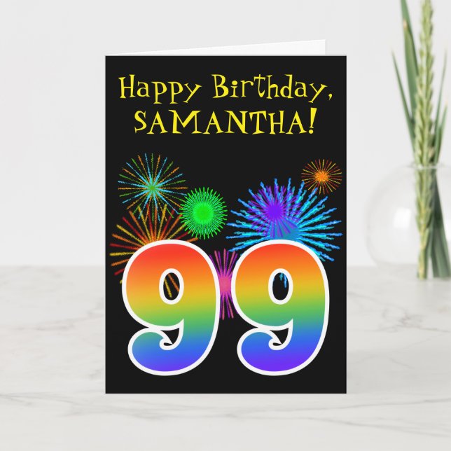 Roligt Fireworks + Rainbow Mönster ’99’ Birthday # Kort (Framsida)