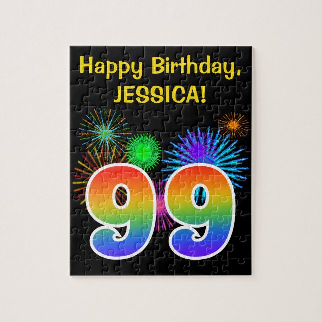 Roligt Fireworks + Rainbow Mönster ’99’ Birthday # Pussel (Vertikal)