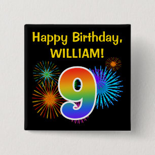 Roligt Fireworks + Rainbow Mönster ’9’ Birthday # Knapp