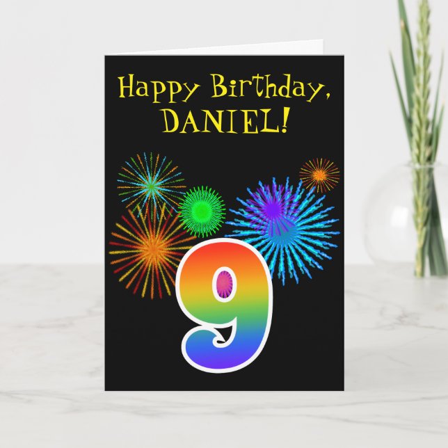 Roligt Fireworks + Rainbow Mönster ’9’ Birthday # Kort (Framsida)